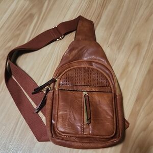 Brown Faux Leather Sling Bag